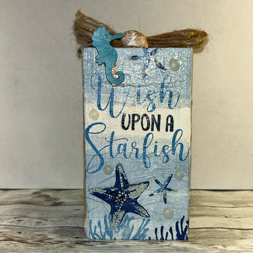 Wish Upon a Starfish Coastal Wood Block Shelf Sitter-Blue Handcrafted